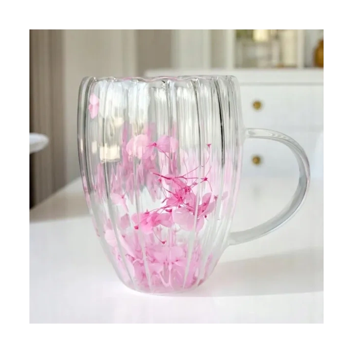 ECARLA szklanka termiczna ryflowana z podwójnym dnem i hortensją 300ml SZK157