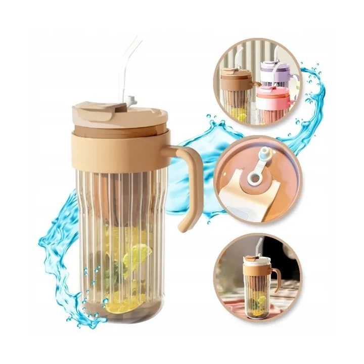 ECARLA kubek z ryflowanego szkła z sitkiem i słomką 550ml Brąz CUP12BR