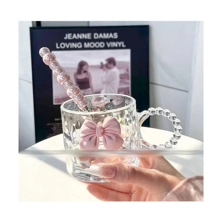 ECARLA szklanka z uchem opalizująca do kawy z Różową Kokardką SZK80 270ml 