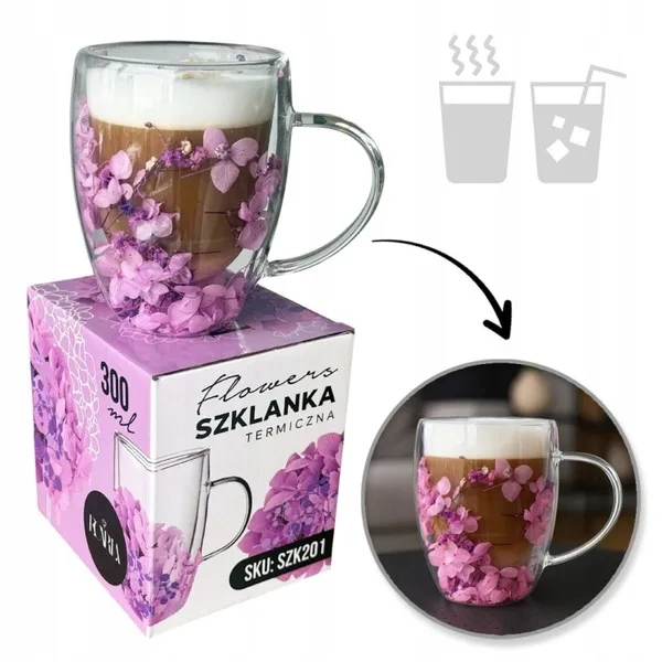 ECARLA szklanka termiczna gipsówka hortensje Fiolet Róż 300ml SZK201