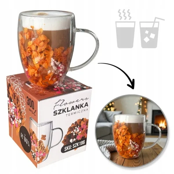 ECARLA szklanka termiczna gipsówka hortensje Pomarańczowy 300ml SZK196