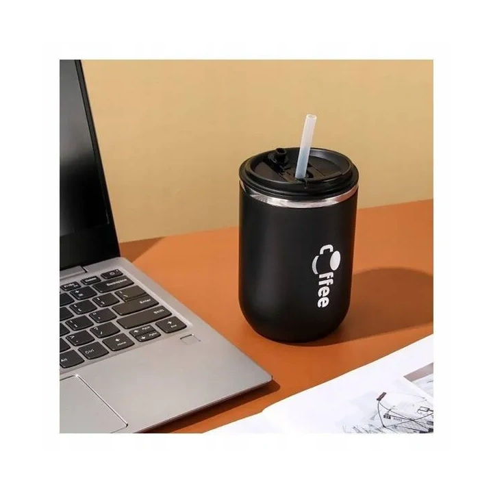 ECARLA kubek termiczny ze słomką, termos zamykany 500ml Czarny CUP07WZ3