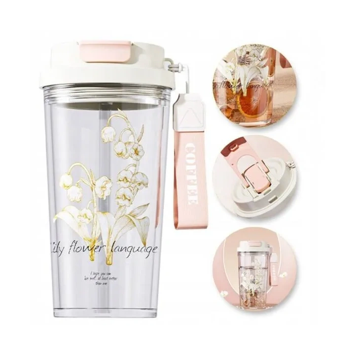 ECARLA kubek z uchwytem i ustnikiem 550ml Przezroczysty Konwalia BD29