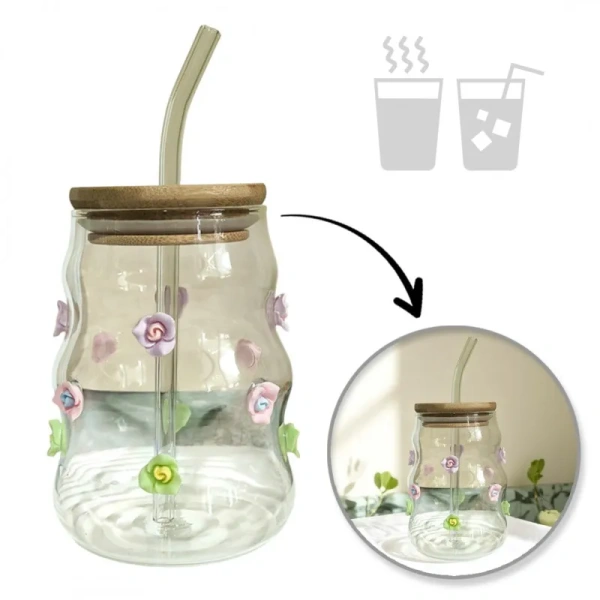 ECARLA szklanka z falowanymi ściankami i słomką KWIATKI SZK164 350ml
