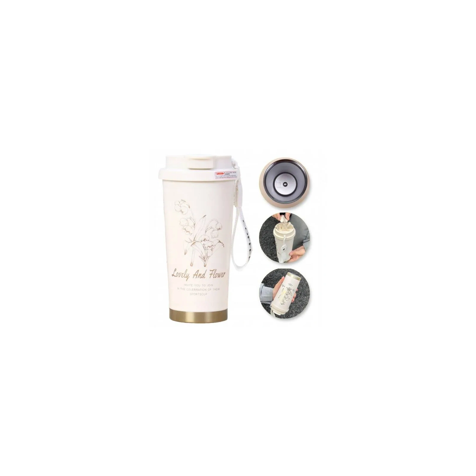 ECARLA kubek termiczny uchwytem i ustnikiem 550ml Kremowy Konwalia BD28WZ1