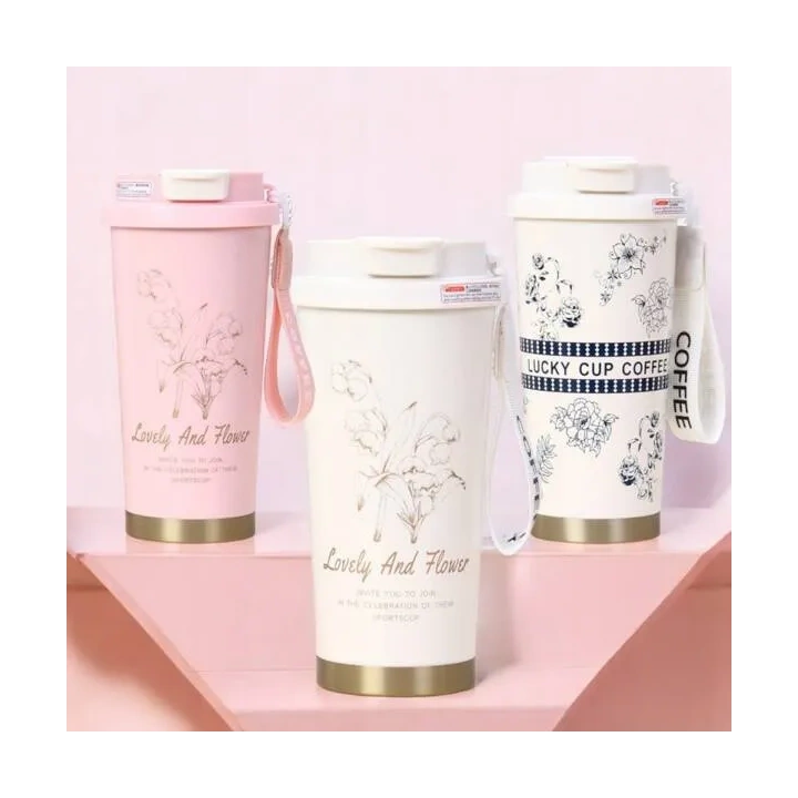 ECARLA kubek termiczny uchwytem i ustnikiem 550ml Różowy Konwalia BD28WZ2