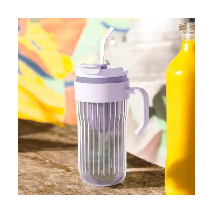 ECARLA kubek z ryflowanego szkła z sitkiem i słomką 550ml Fioletowy CUP12FIO