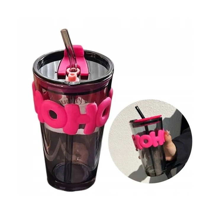 ECARLA kubek z kolorowego szkła ze słomką i zamknięciem 450ml Hoh CUP14 