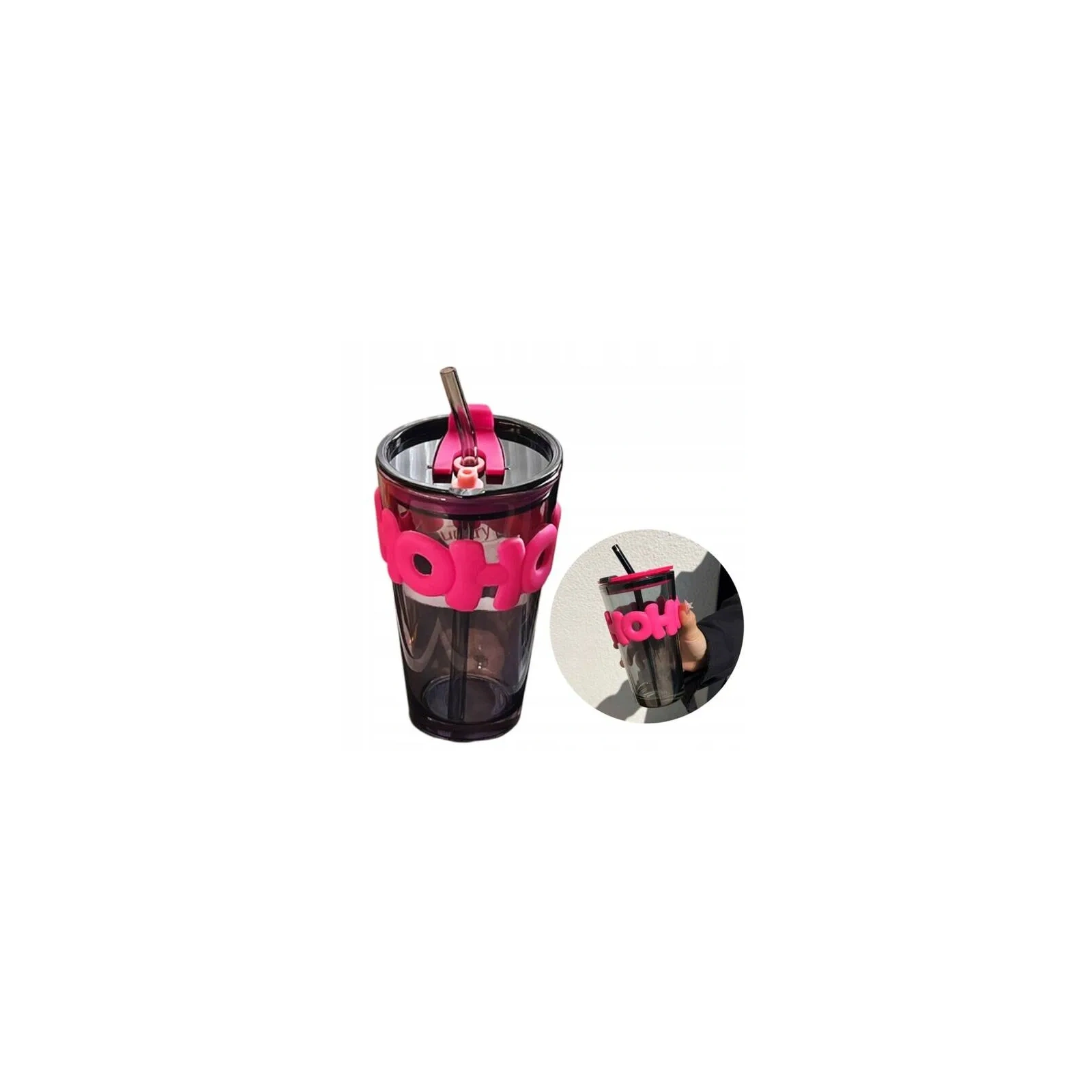 ECARLA kubek z kolorowego szkła ze słomką i zamknięciem 450ml Hoh CUP14 