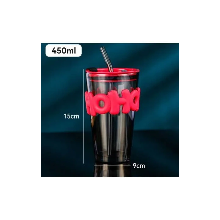 ECARLA kubek z kolorowego szkła ze słomką i zamknięciem 450ml Hoh CUP14 