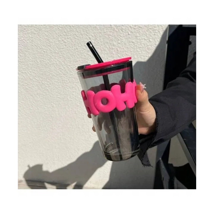 ECARLA kubek z kolorowego szkła ze słomką i zamknięciem 450ml Hoh CUP14 