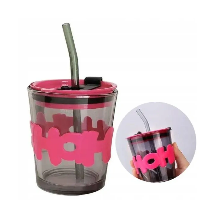 ECARLA kubek z kolorowego szkła ze słomką i zamknięciem 300ml Hoh CUP13