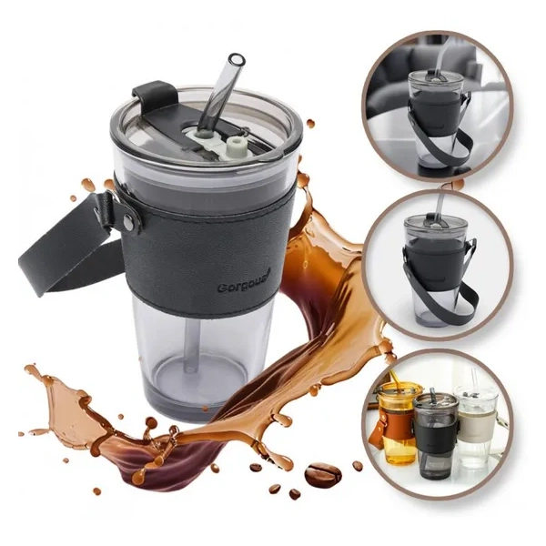 ECARLA kubek z kolorowego szkła ze słomką i zamknięciem 480ml Grafitowy CUP09GRAF 