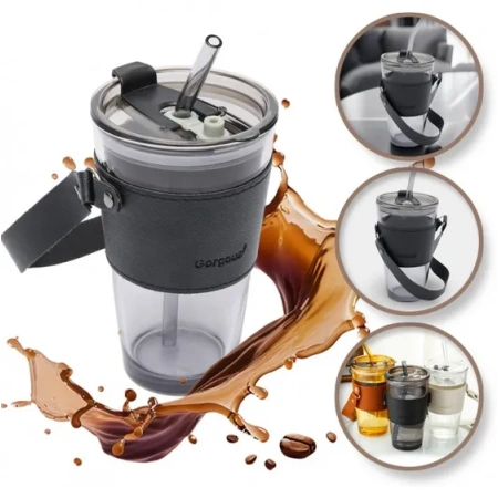 ECARLA kubek z kolorowego szkła ze słomką i zamknięciem 480ml Grafitowy CUP09GRAF 