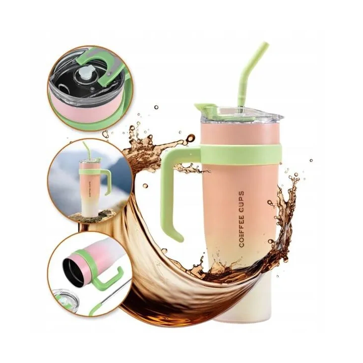 ECARLA kubek termiczny z uchwytem i rurką 1200ml Brzoskwiniowy BD23R