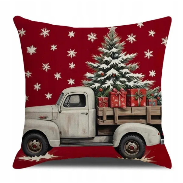 ECARLA Zima Świąteczna poszewka na poduszkę Boho 45x45 AUTO Z CHOINKĄ POD246