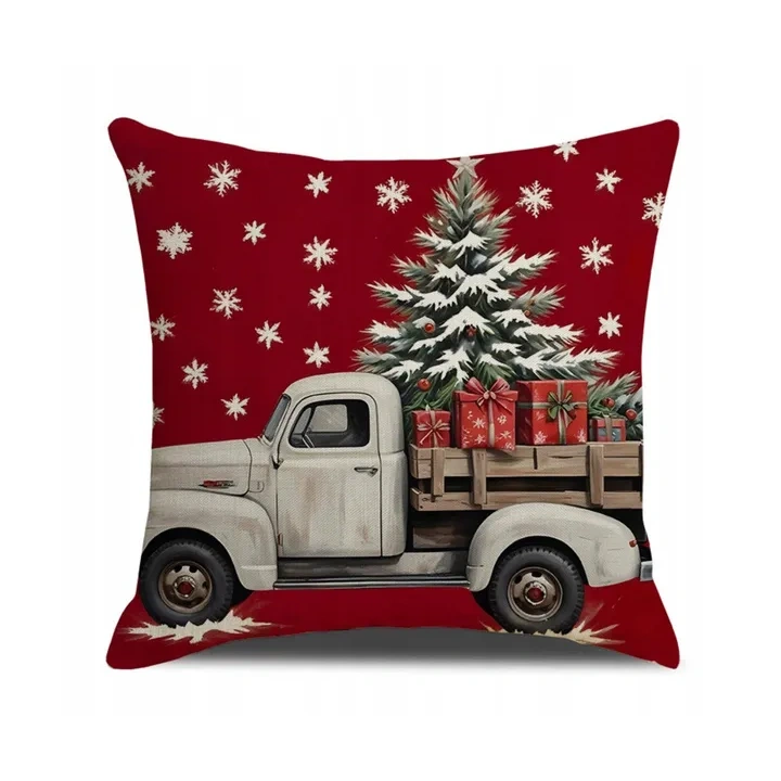 ECARLA Zima Świąteczna poszewka na poduszkę Boho 45x45 AUTO Z CHOINKĄ POD246