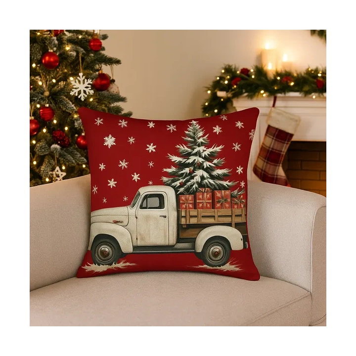 ECARLA Zima Świąteczna poszewka na poduszkę Boho 45x45 AUTO Z CHOINKĄ POD246