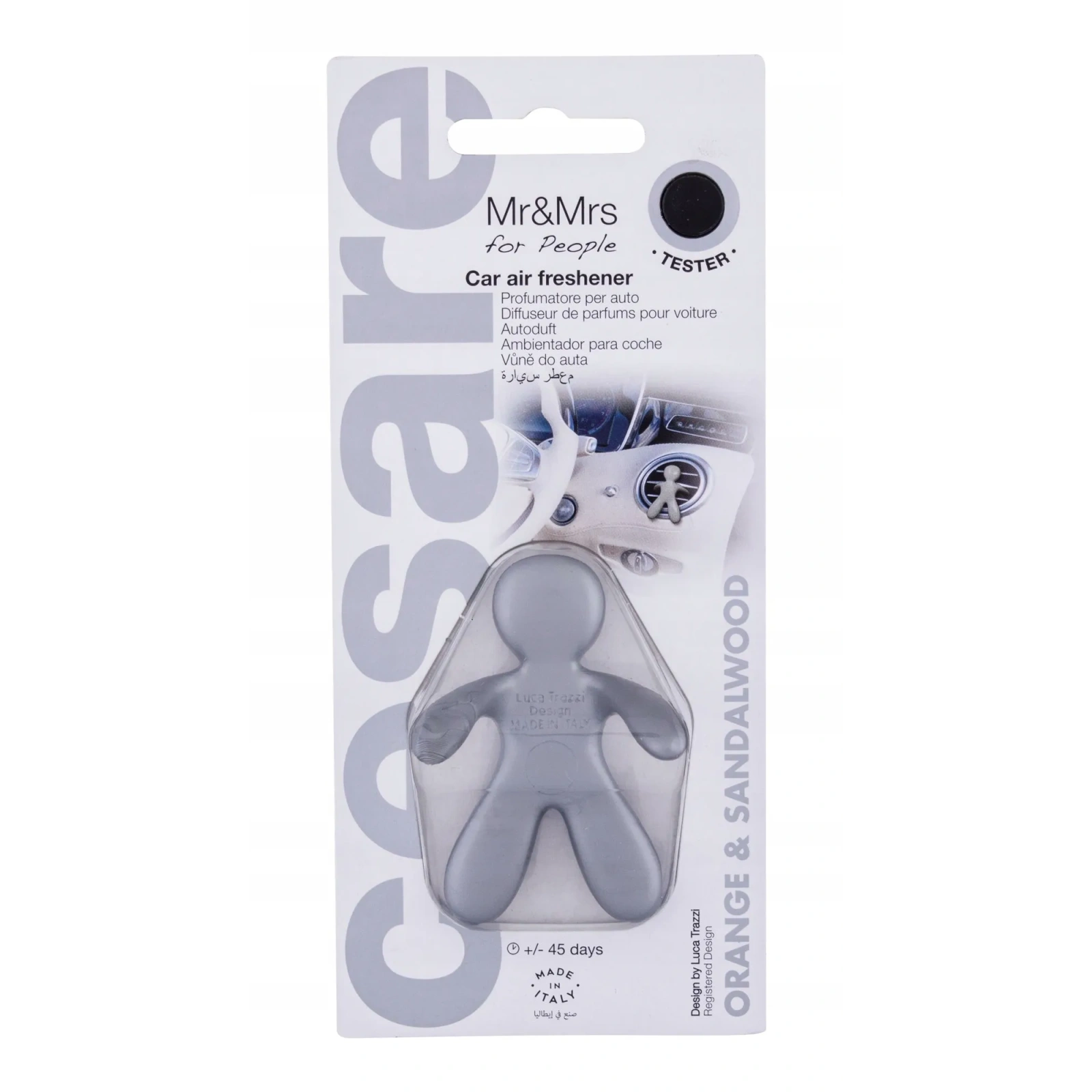 MR&MRS FRAGRANCE Cesare odświeżacz do samochodu Srebrny ORANGE&SANDAL WOOD 12g