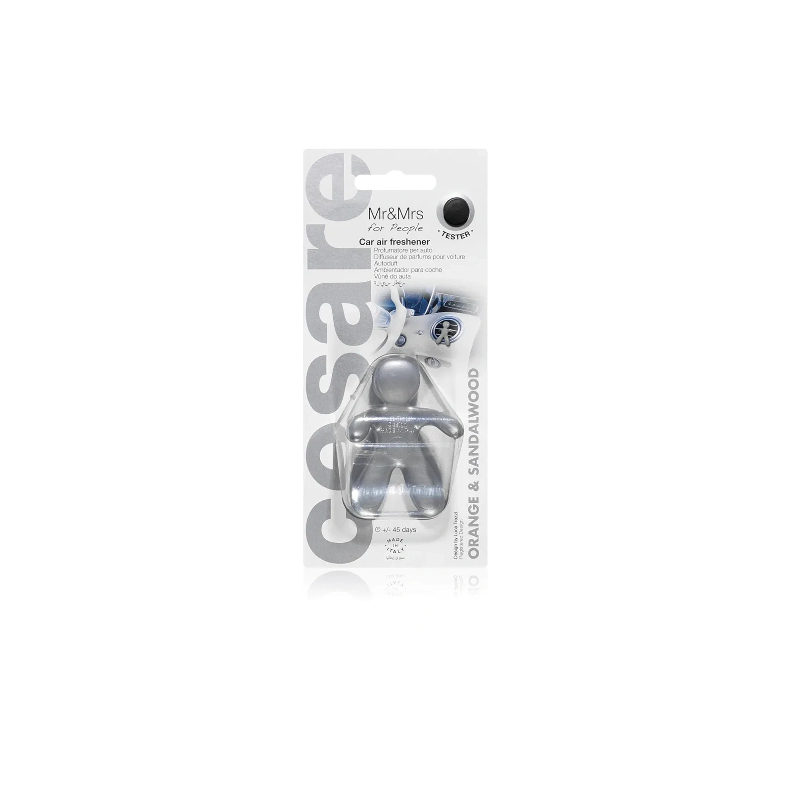 MR&MRS FRAGRANCE Cesare odświeżacz do samochodu Srebrny ORANGE&SANDAL WOOD 12g