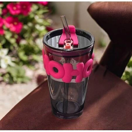 ECARLA kubek z kolorowego szkła ze słomką i zamknięciem 450ml Hoh CUP14