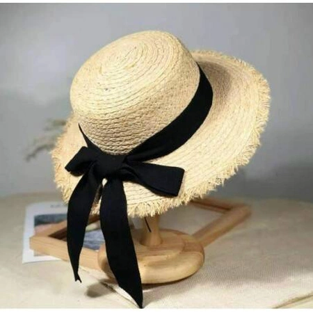 ECARLA kapelusz damski plażowy letni słomkowy Czarna kokarda CZ49