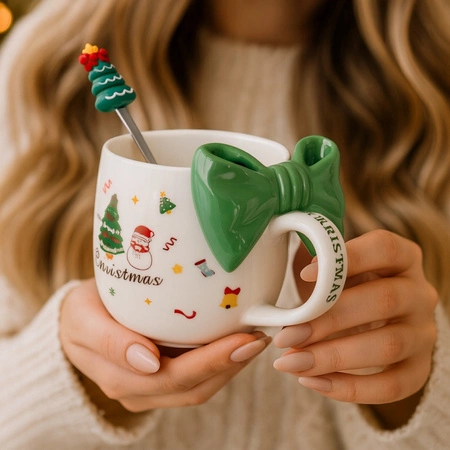 ECARLA kubek świąteczny z KOKARDĄ i łyżeczką 400ml Zieleń KB25ZIE