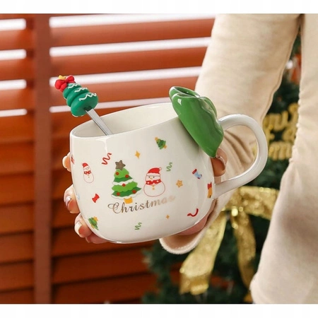 ECARLA kubek świąteczny z KOKARDĄ i łyżeczką 400ml Zieleń KB25ZIE