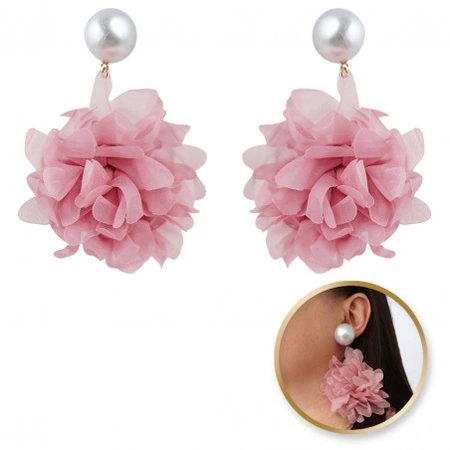 ECARLA kolczyki wiszące, efektowny tiulowy kwiat z perłą, sztyft Krem K1710