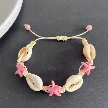 ECARLA bransoletka na stopę MUSZELKI ROZGWIAZDY na sznurku Róź B543R