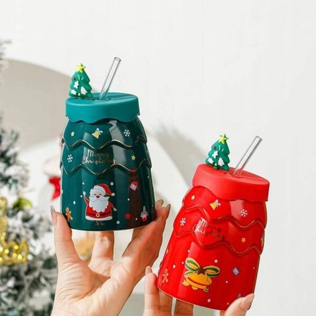 ECARLA kubek z silikonową pokrywką i słomką 400ml Zielony KB06ZIE