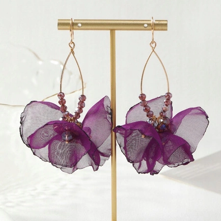 ECARLA kolczyki wiszące z koralikami tiulowe kwiaty K1701