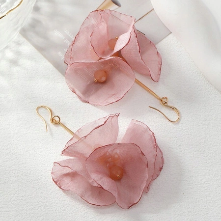 ECARLA kolczyki wiszące z koralikami tiulowe kwiaty K1702