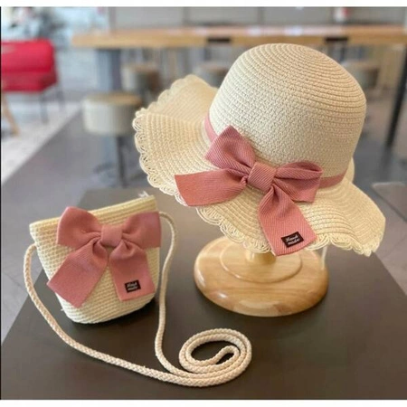 ECARLA kapelusik i torebka słomkowa, dziecięca Kremowy z różową kokardą CZ43
