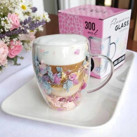 ECARLA szklanka termiczna z podwójnym dnem z hortensją w środku 300ml SZK180