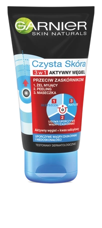 GARNIER Czysta Skóra Aktywny Węgiel 3w1 żel myjący peeling maseczka 150ml