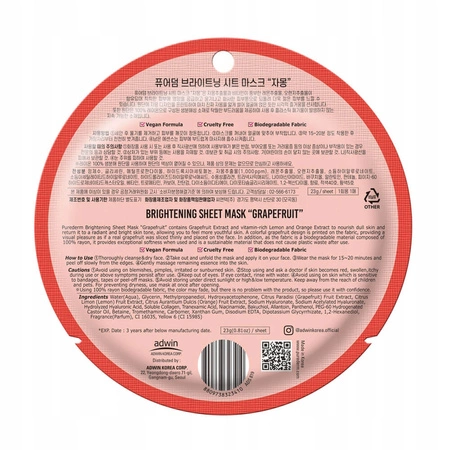PUREDERM Sheet Mask maska do twarzy w płacie Brightening Grapefruit 23g