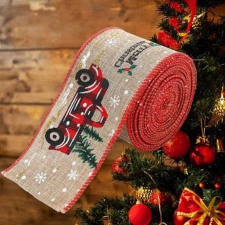 ECARLA taśma świąteczna wstążka 6,3cmx2m Beżowa z samochodzikami i choinkami KSN139