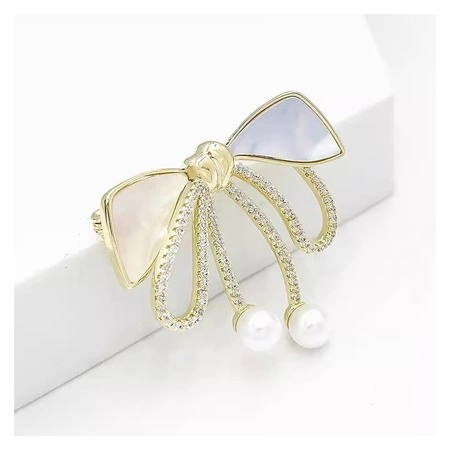 ECARLA broszka Kokardka złota masa perłowa i cyrkonie BZ197