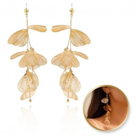 ECARLA kolczyki wiszące efektowne liście, kwiaty Złote K1678
