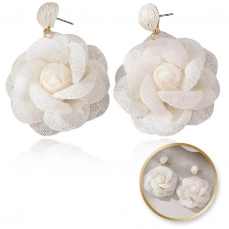 ECARLA kolczyki wiszące, sztyft koronkowe RÓŻA Biała K1708