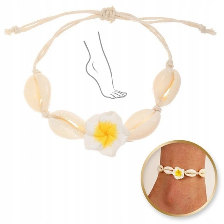 ECARLA bransoletka na stopę MUSZELKI KWIAT HAWAJSKI na sznurku Biały B542ZO