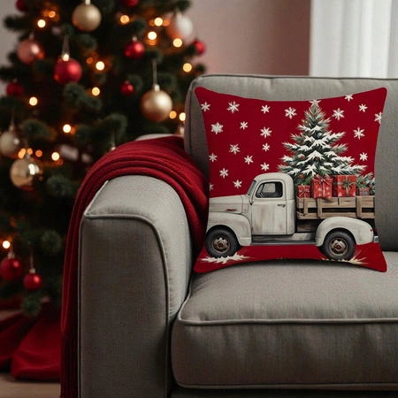 ECARLA Zima Świąteczna poszewka na poduszkę Boho 45x45 AUTO Z CHOINKĄ POD246