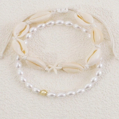 ECARLA bransoletka na stopę MUSZELKI na sznurku, PEREŁKI B544 2szt