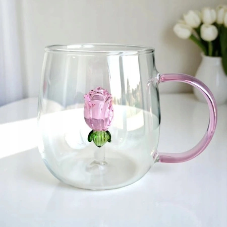 ECARLA szklanka z uchem różowym ze szklanym tulipanem w środku 400ml SZK129