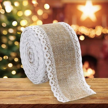 ECARLA taśma świąteczna wstążka 5,2cmx2m Beżowa taśma z białą koronką KSN129
