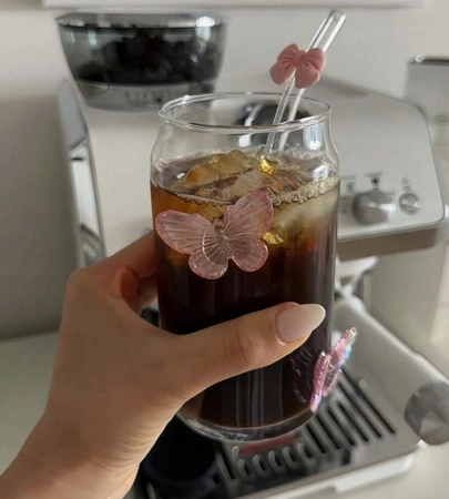 ECARLA szklanka wysoka ze słomką Motyl Róż 500ml SZK163