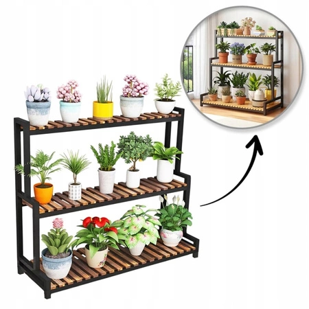 ECARLA Kwietnik regał na kwiaty trzypoziomowy 80x40x95cm Czarny SZ46CZ