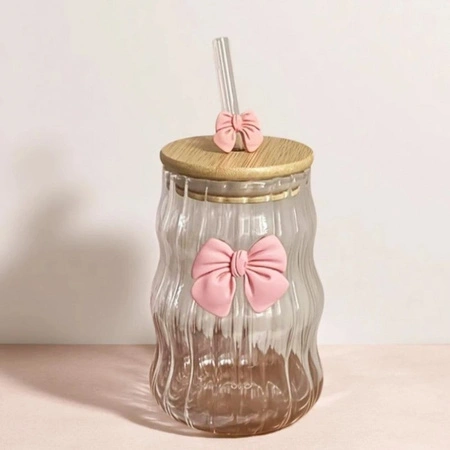 ECARLA szklanka szklanka z rurką i bambusową pokrywką 450ml falowana SZK183