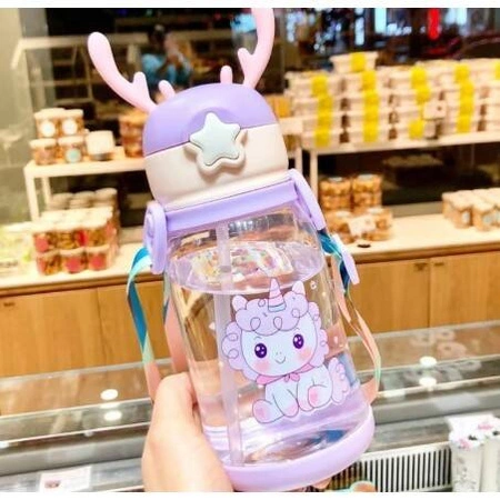 ECARLA bidon dzieciecy ze slomką 600ml Fioletowy z Różkami BD30FIO